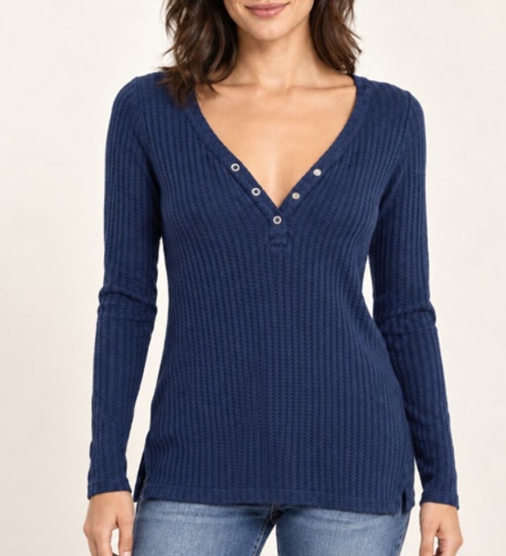Chaser NWT Navy Waffle Knit Snap Henley Top Medium